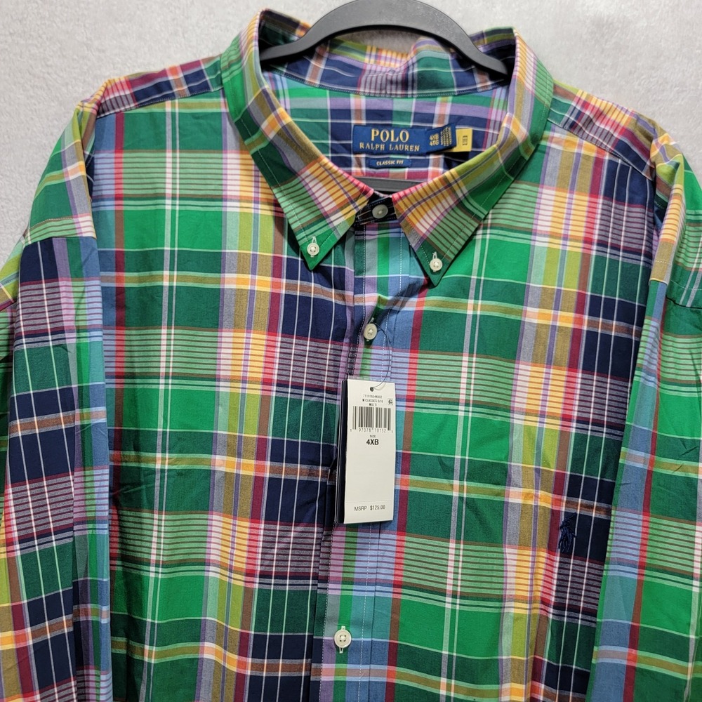 $125 NWT Mens 4XB Polo Ralph Lauren Classic Fit Plaid‎ Oxford Long Sleeve Shirt